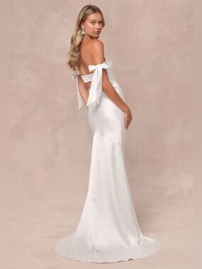 NWT White Satin Strapless Removable Arm Ties Trumpet Wedding Dress Large